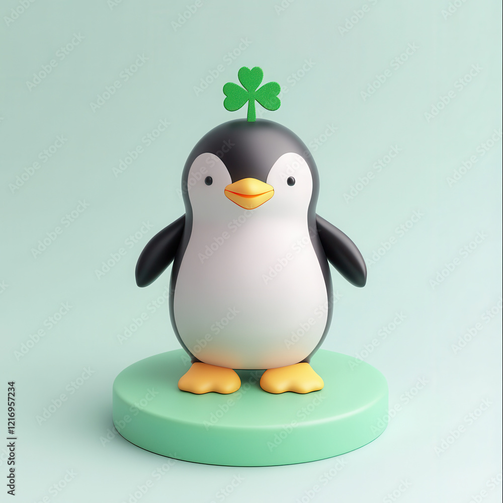 Fototapeta premium Cute penguin figurine with green clover on its head, standing on mint green base