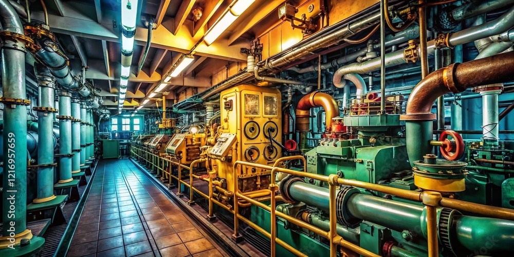 Fototapeta premium Industrial Ship Engine Room: Powerful Machinery & Complex Systems