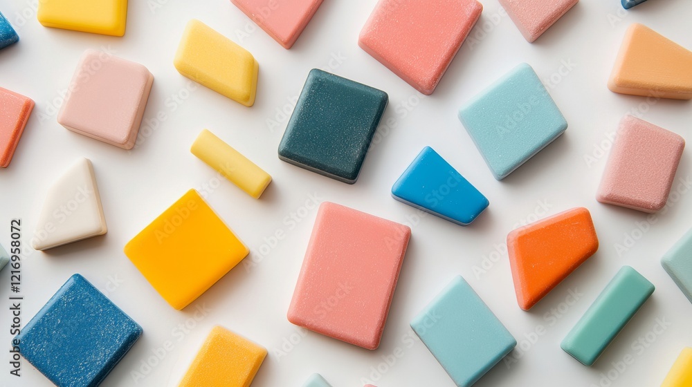 An arrangement of erasers in different forms and shades, isolated cleanly on a white backdrop An arrangement of erasers in different forms and shades, isolated cleanly on a white backdrop