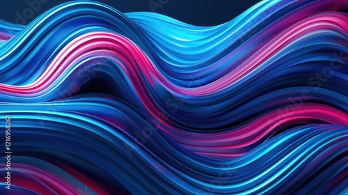 Abstract waves of blue and pink create a dynamic, flowing visual pattern.