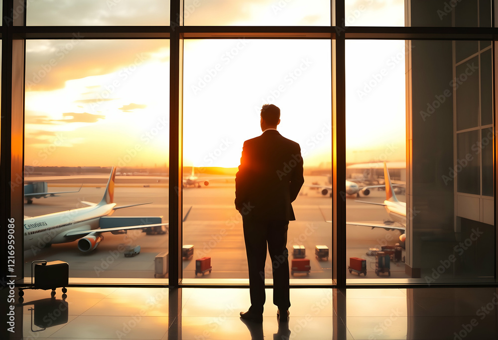 Fototapeta premium silhouette of businessman walking towards city skyline, golden sunset sky, urban landscape, briefcase in hand, back view, dramatic lighting, ambitious, career goals, cityscape horizon, skyscrapers, 