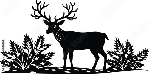 Black silhouette of a standing deer on a white background