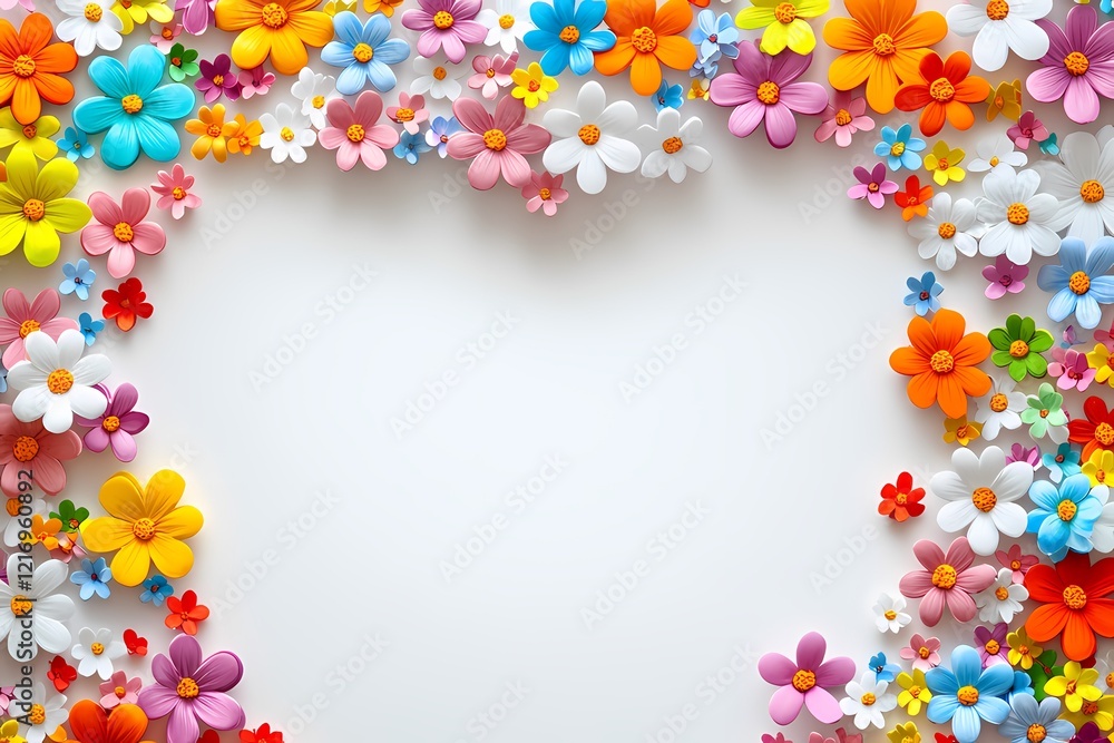 A circular frame of colorful spring flowers with copy space, real flower photo, flowers border white background A circular frame of colorful spring flowers with copy space, real flower photo, flowers border white background