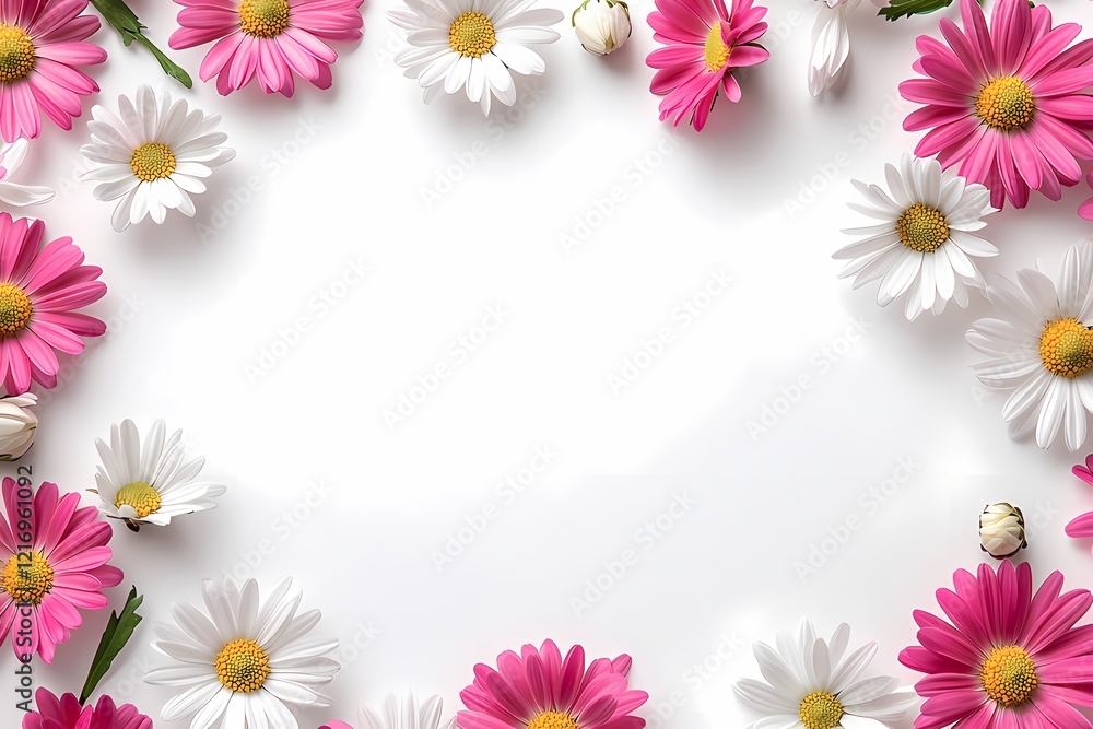 A circular frame of daisies with copy space, real flower photo, flowers border white background A circular frame of daisies with copy space, real flower photo, flowers border white background