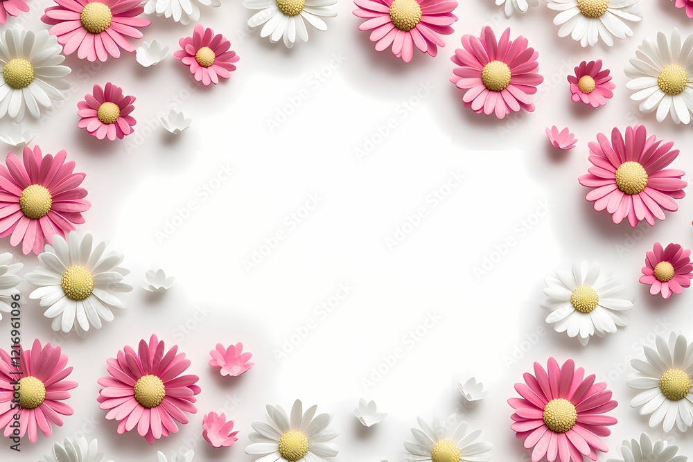 A circular frame of daisies with copy space, real flower photo, flowers border white background A circular frame of daisies with copy space, real flower photo, flowers border white background