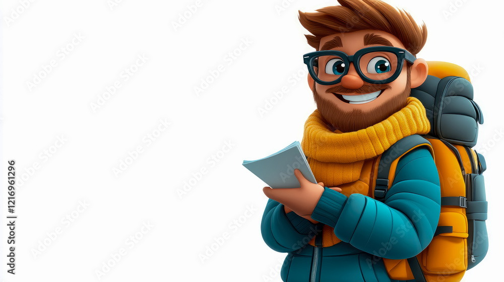 Fototapeta premium Smiling Adventurer with Backpack and Map: 3D Render of a Happy Traveler Ready for an Expedition