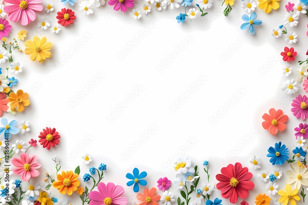 A circular frame of spring flowers with copy space, real flower photo, flowers border white background A circular frame of spring flowers with copy space, real flower photo, flowers border white background