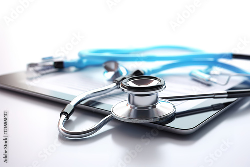 Stethoscope placed on a digital tablet showcasing medical connectivity