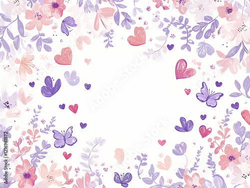 Wallpaper Mural Whimsical illustration of a floral frame with pink and purple flowers and floating hearts on a pastel background Torontodigital.ca