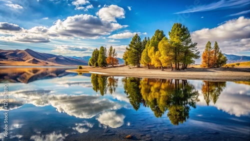 Lahontan Reservoir: Sun-Drenched Sandbars, Trees, and Water Reflections photo