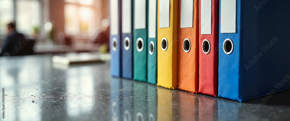 Colorful office binders on reflective surface Colorful office binders on reflective surface
