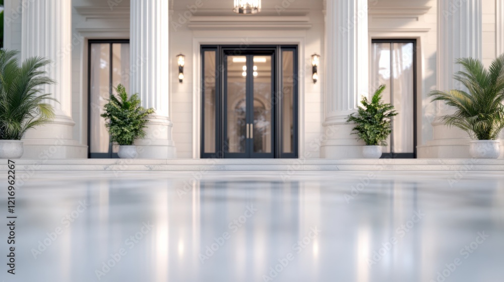 Fototapeta premium Elegant entrance of a grand building with tall columns and symmetrical potted plants, reflecting a serene and luxurious atmosphere.