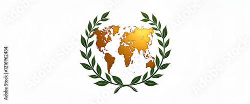 Golden world map with green laurel wreath