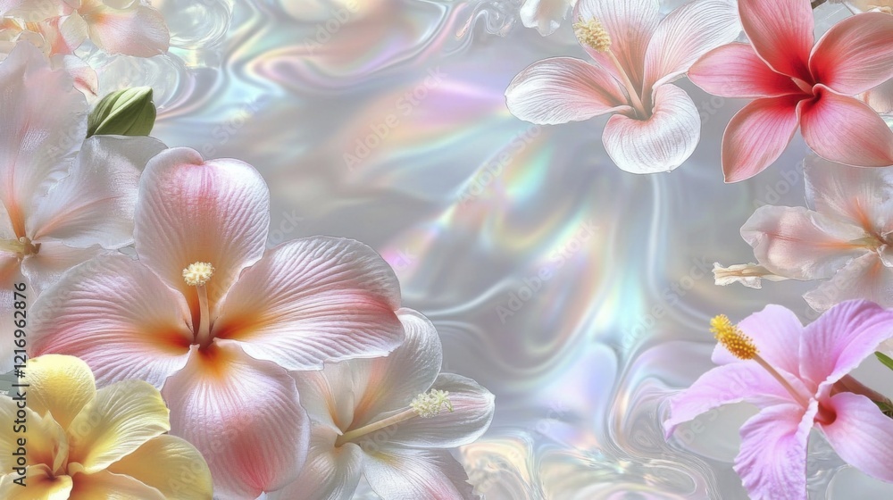 Naklejka premium Colorful hibiscus flowers on iridescent background with soft petals