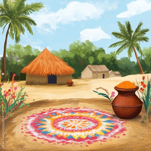 A scene from a desert area with a pot of bright orange powder photo