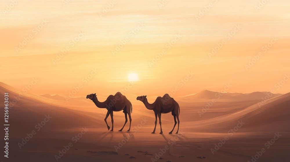 Two camels walk through a serene desert landscape at sunset, with golden sands and a warm, glowing sky in the background. Two camels walk through a serene desert landscape at sunset, with golden sands and a warm, glowing sky in the background.