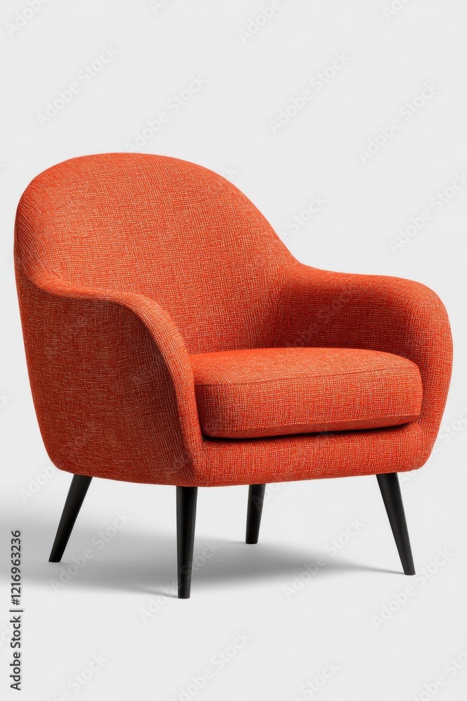 Naklejka premium A vibrant orange retro armchair with a sleek, mid-century design, featuring elegant curves and black tapered legs, set against a plain background.