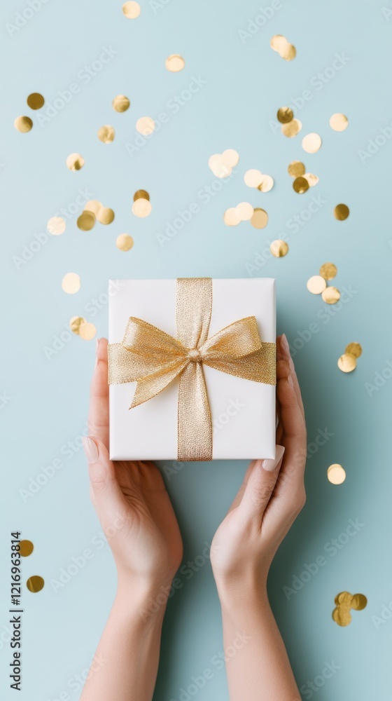 Hands holding a gift box with a gold ribbon. Gold confetti scattered on a light blue background adds a festive touch. The mood is elegant and celebratory. Hands holding a gift box with a gold ribbon. Gold confetti scattered on a light blue background adds a festive touch. The mood is elegant and celebratory.