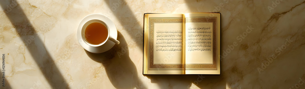 Fototapeta premium Sunlit Tea & Holy Book on Marble