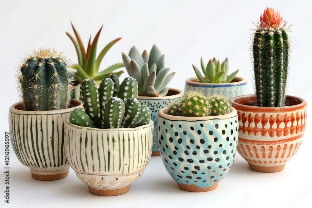 Six cacti and succulents growing in small, colorful ceramic pots on a white background Six cacti and succulents growing in small, colorful ceramic pots on a white background
