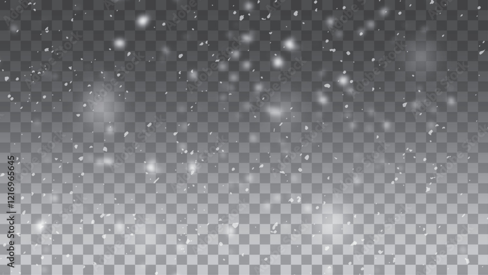 Snowflake design. Winter. Snowfall. Falling snow particles blurred in motion on dark transparent background. Christmas snow dust. Vector illustration. Snowflake design. Winter. Snowfall. Falling snow particles blurred in motion on dark transparent background. Christmas snow dust. Vector illustration.