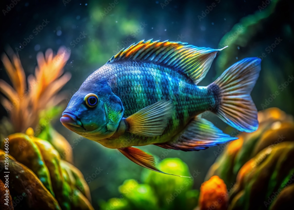 Long Exposure Underwater Photography of a Vibrant Severum Cichlid Swimming Gracefully Long Exposure Underwater Photography of a Vibrant Severum Cichlid Swimming Gracefully
