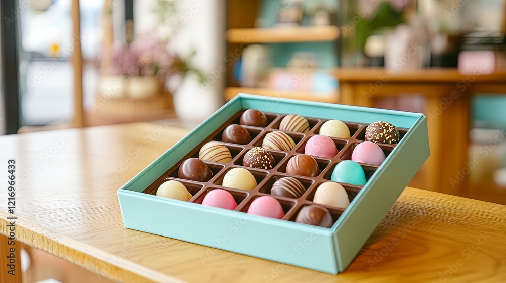 A pastel box of chocolates displayed on a wooden table in a bright shop picture A pastel box of chocolates displayed on a wooden table in a bright shop picture