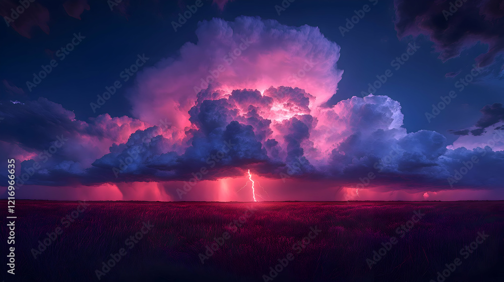 Naklejka premium Intense Night Storm with Vibrant Purple and Pink Clouds over a Field