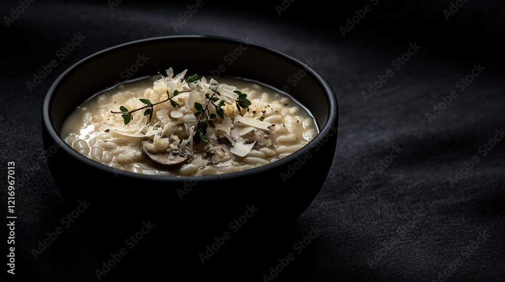 exquisite bowl of creamy mushroom risotto served in matte black bowl with parmesan shavings and fresh thyme on top exquisite bowl of creamy mushroom risotto served in matte black bowl with parmesan shavings and fresh thyme on top