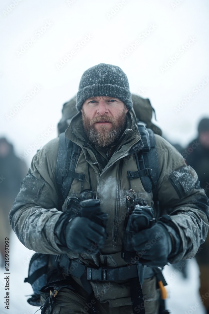 A rugged mountaineer, dressed warmly, climbs a snowy mountain, exuding determination in a misty, cinematic landscape. A rugged mountaineer, dressed warmly, climbs a snowy mountain, exuding determination in a misty, cinematic landscape.