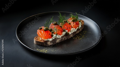 luxurious plate of smoked salmon tartine elegantly arranged on rustic rye bread with cream cheese, capers and fresh dill photo