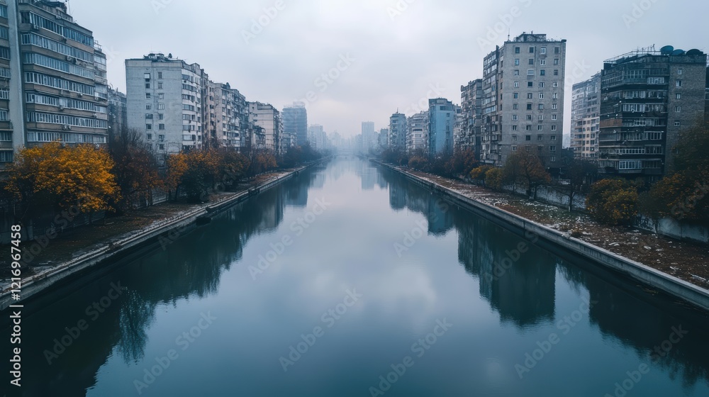 Obraz premium Scenic urban river landscape with bridge and buildings in the background
