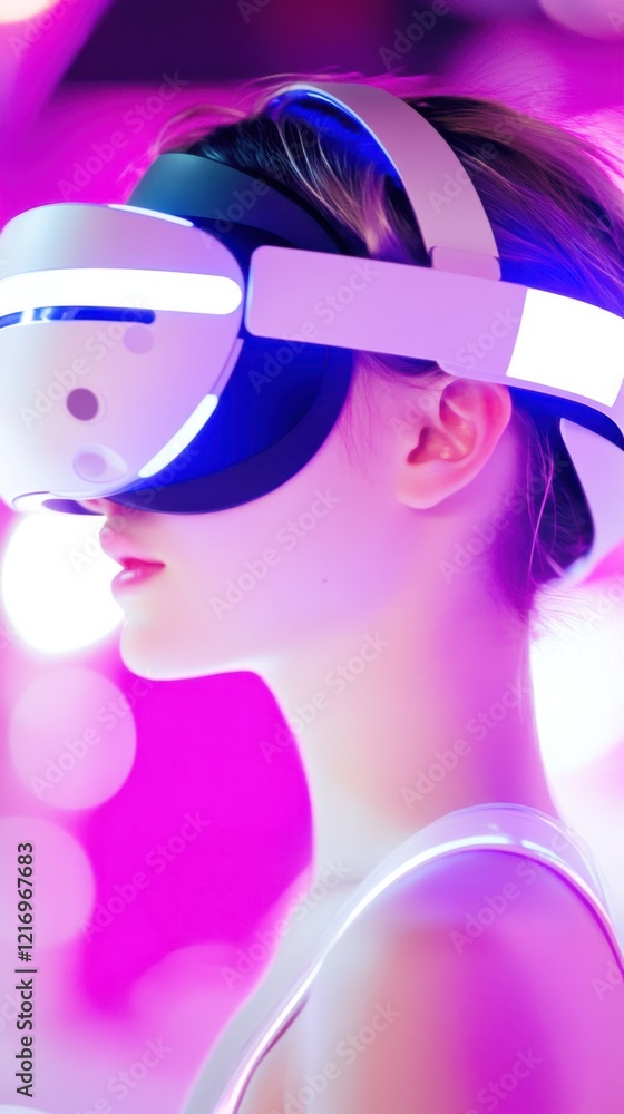 A person wearing a virtual reality headset is immersed in a vibrant, digital world, surrounded by pink and purple lights. A person wearing a virtual reality headset is immersed in a vibrant, digital world, surrounded by pink and purple lights.