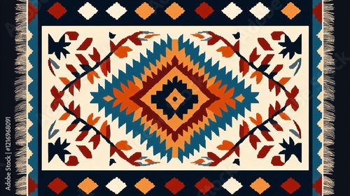 Wallpaper Mural Rugs carpets woven durable cozy interior. A vibrant, geometric patterned rug featuring rich colors and intricate designs, ideal for home decor and cultural aesthetics. Torontodigital.ca