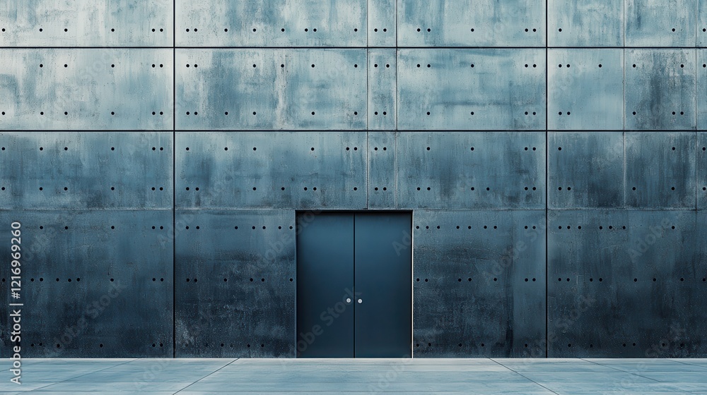 Dark blue metal wall with a door. Perfect for concepts of mystery, security, or urban design. Dark blue metal wall with a door. Perfect for concepts of mystery, security, or urban design.