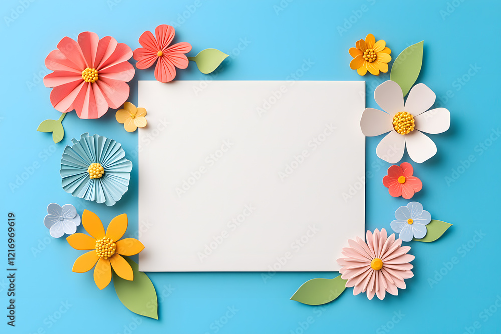 Invitation mockup, blank white paper with paper cut blossom and flowers. Woman's day, 8 march, Easter, Mother's day, anniversary greeting cardflowers and Invitation mockup, blank white paper with paper cut blossom and flowers. Woman's day, 8 march, Easter, Mother's day, anniversary greeting cardflowers and