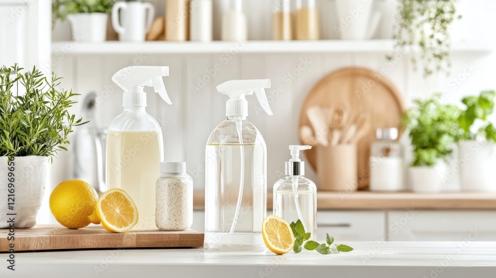 Bright and Clean Kitchen Counter with Fresh Ingredients and Cleaning Supplies Bright and Clean Kitchen Counter with Fresh Ingredients and Cleaning Supplies