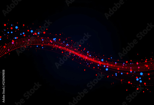 Abstract digital art, swirling pattern, red and blue particles, flowing wave, dark background, glowing dots, dynamic composition, microscopic view, data visualization, futuristic design, cosmic energy