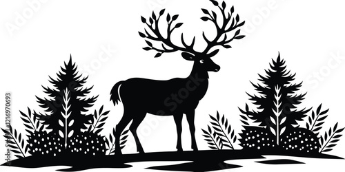 Wallpaper Mural Set of silhouettes of trees and wild Deer animal Torontodigital.ca