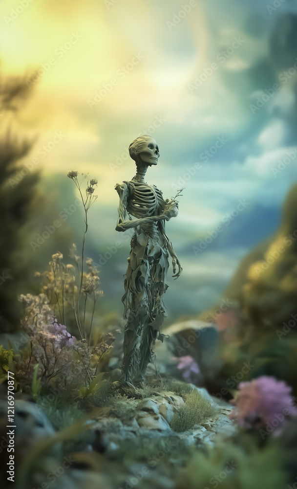 A surreal depiction of a skeleton-like figure standing amidst vibrant foliage and a soft, dreamy landscape, evoking themes of life and decay. A surreal depiction of a skeleton-like figure standing amidst vibrant foliage and a soft, dreamy landscape, evoking themes of life and decay.