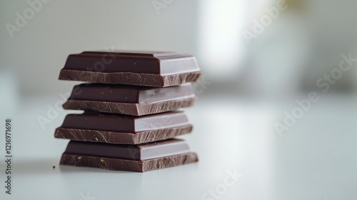 Chocolate bar with pistachio, white background, stacked on top of each other, food photography, side view, product shot, white kitchen table in the background,