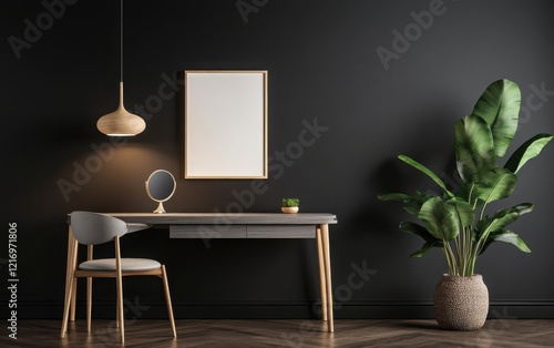 A modern interior design with a mockup poster frame on the wall, a cool grey wood desk with a sleek mirror and chair, set against a deep charcoal background with soft ambient lighting photo