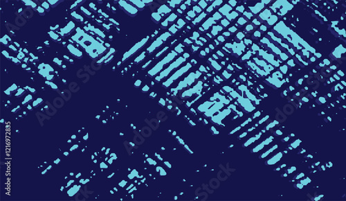 Abstract Deep Blue and Light Blue Distorted Grid with Scattered Dots, evoking a fragmented and slightly chaotic, yet structured, digital landscape,