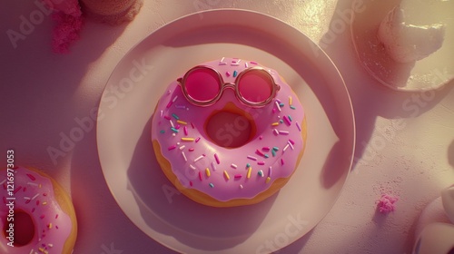Pink donut with sunglasses on a plate, surrounded by sprinkles and other pastries.