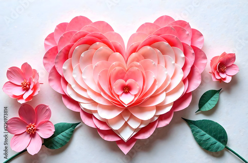 Beautiful handmade paper heart crafted with layered floral petals, creating a romantic and artistic design perfect for Valentine's Day, weddings, and love-themed decor. Selective focus