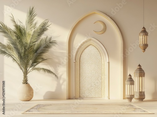 3D rendering of a Ramadan Islamic background with an Arabic pattern, a door, and a lantern, along with a palm tree and a crescent moon on a beige background for product display