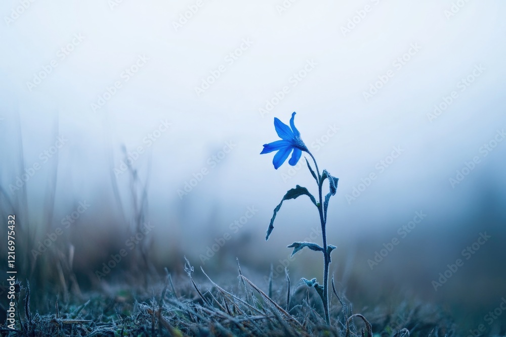Obraz premium A single blue flower sits in the middle of a green field