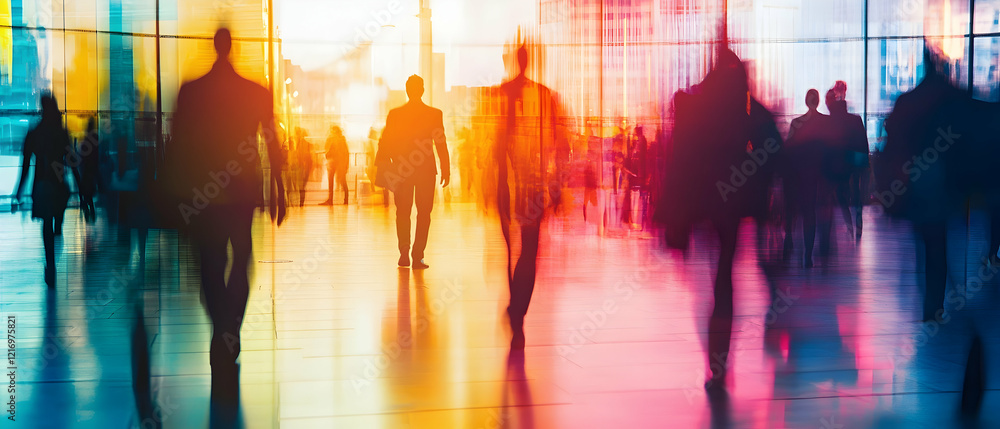 Obraz premium A diverse office setting with blurred yet active individuals engaged in various collaborative tasks -