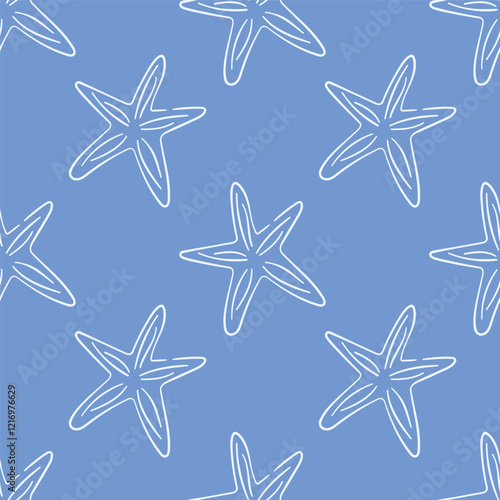 Seamless starfish pattern in line art style on a blue background. Ideal for marine theme, beach design, textile, wrapping, wallpaper and summer inspired project.