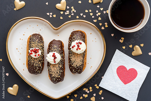  luxe chocolate aclairs with heart-shaped tray and cute napkins photo